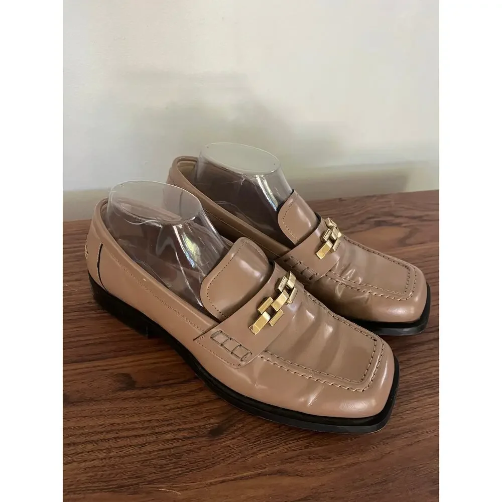 ALOHAS Beige Leather Gold Hardware Square Toe Loafers Collegiate sz EU41/US10